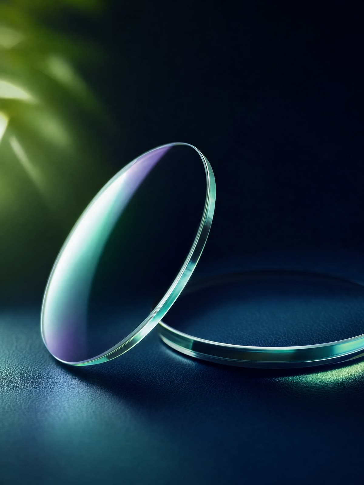 Two anti-reflective eyeglass lenses catching an iridescent green-and-violet coating sheen against a deep navy surface