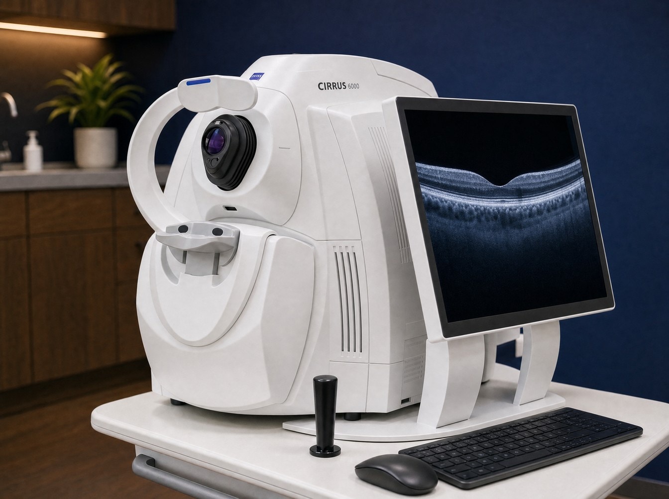A Zeiss CIRRUS OCT scanner in the exam room, its screen showing a grayscale retinal cross-section scan