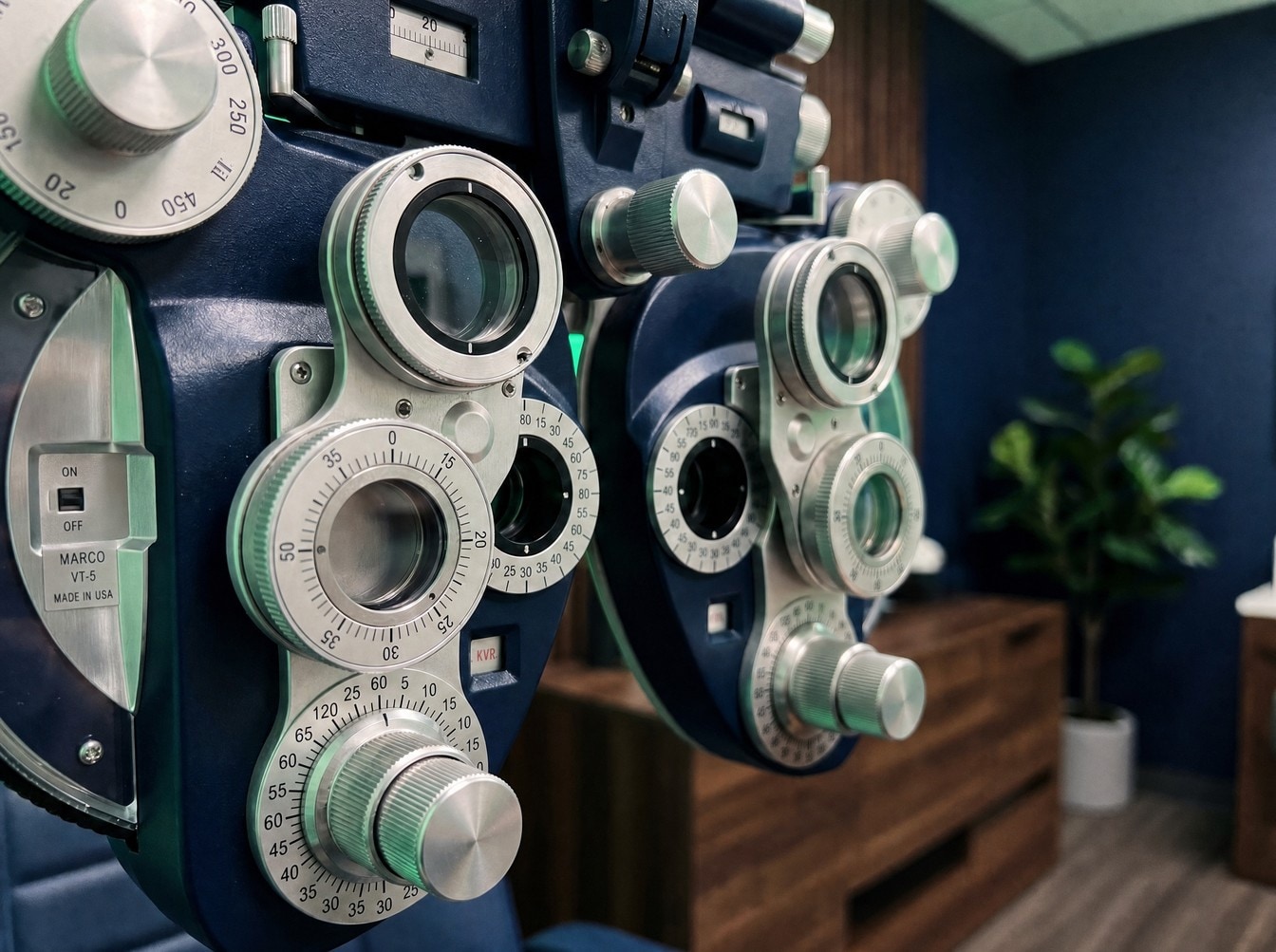 Close view of a phoropter's silver lens dials in the exam room