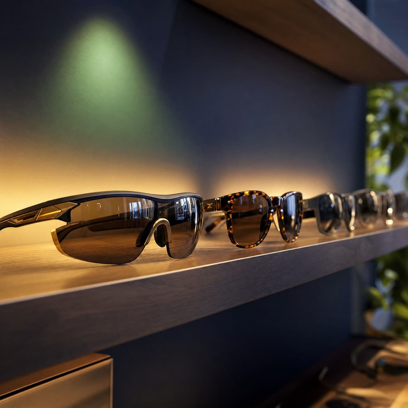 A row of sport and fashion sunglasses arranged along a warmly backlit wooden display shelf, navy wall behind